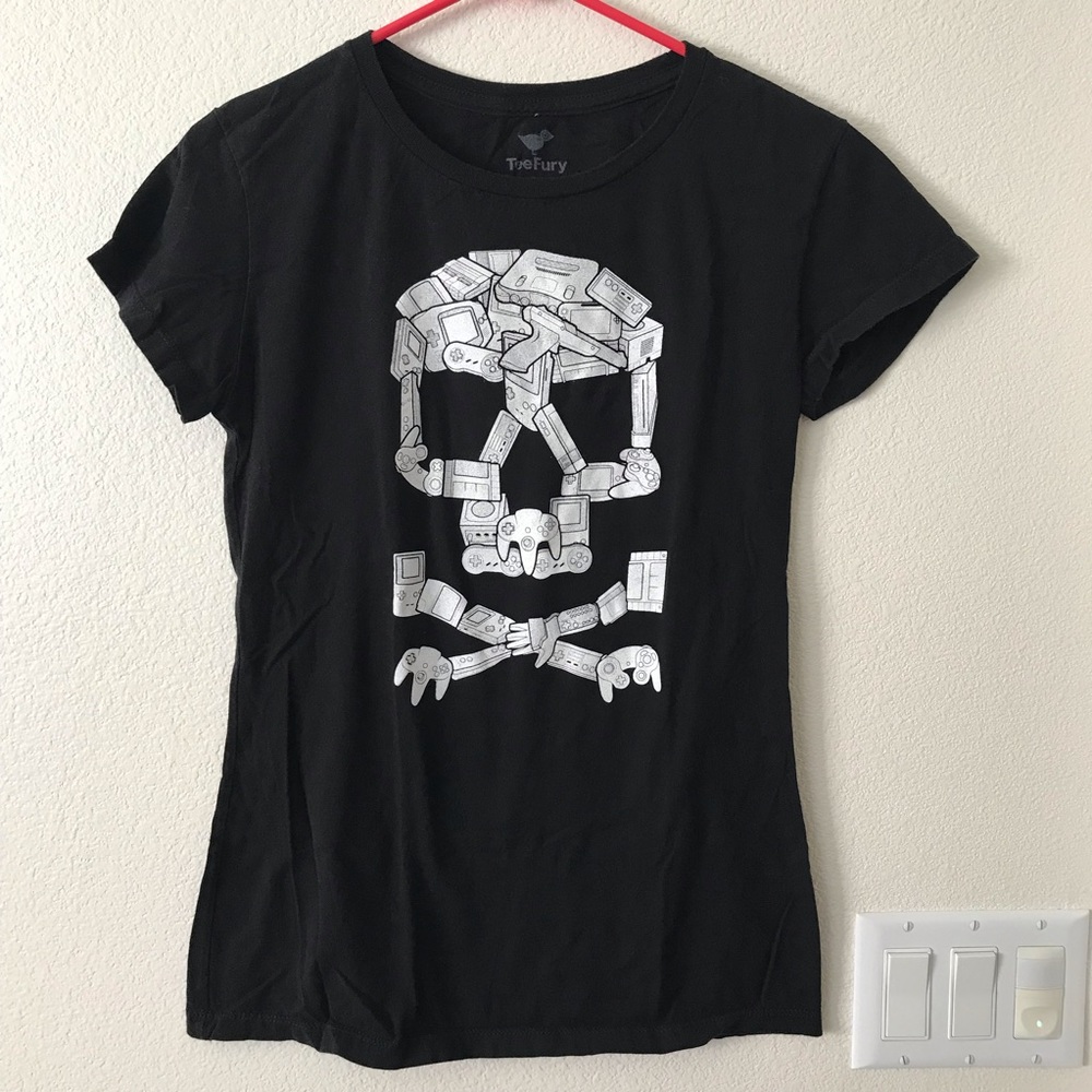 Teefury T-shirt Retro Gamer Controllers Skull L